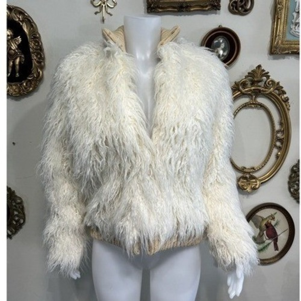 Maje Paris Cream Shaggy Faux Fur Bomber Jacket Knit Luxury Outerwear Size 36